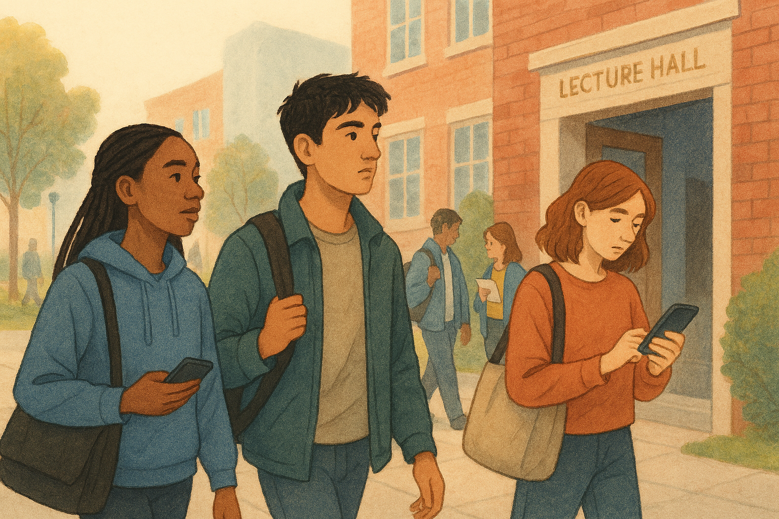 Illustration of first-generation students arriving on a UK university campus — walking together, checking a phone, pausing outside a lecture hall.