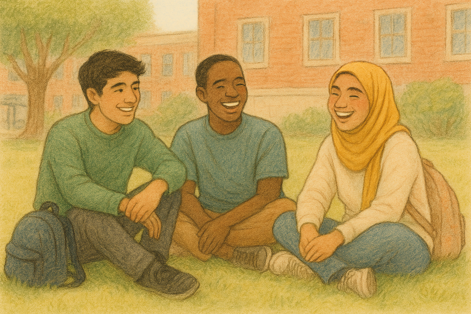 Illustration of first-generation students together on a UK university campus.